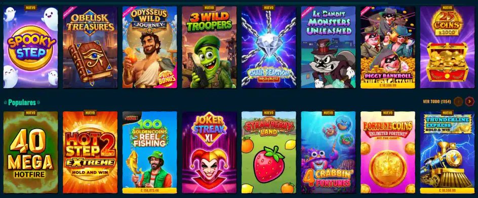 Catálogo de tragamonedas con juegos nuevos y populares, incluidos slots de aventuras, fantasía y premios acumulados